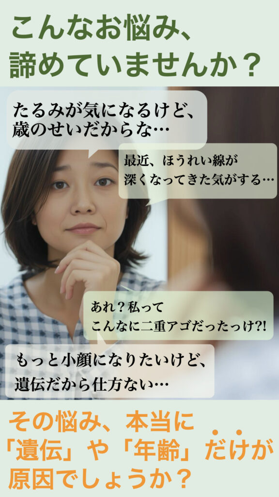 こんなお悩み、諦めていませんか？
「たるみが気になるけど、歳のせいだからな…」
「最近、ほうれい線が深くなってきた気がする…」
「あれ？私ってこんなに二重アゴだったっけ⁈」
「もっと小顔になりたいけど、遺伝だから仕方ない…」
その悩み、本当に『遺伝』や『年齢』だけが原因でしょうか？
