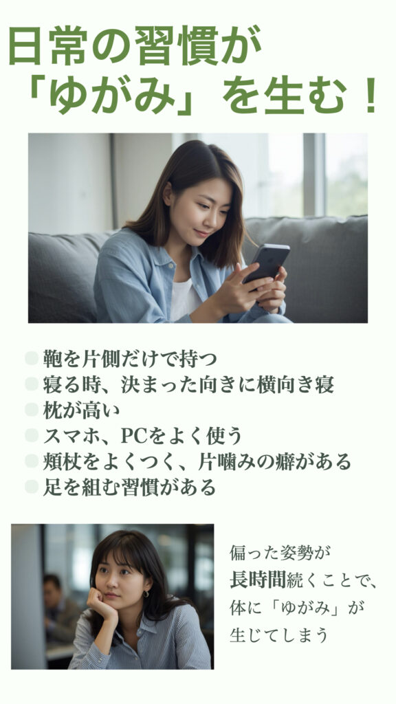 日常生活が『ゆがみ』を生む！
・鞄を片側だけで持つ
・寝る時、決まった向きに横向き寝
・枕が高い
・スマホ、PCをよく使う
・頬杖をよくつく、片噛みの癖がある
・足を組む習慣がある
偏った姿勢が長時間続くことで、体に『ゆがみ』が生じてしまう