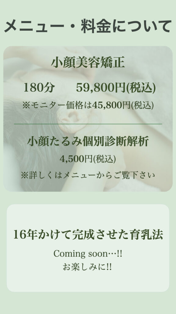 メニュー・料金について
小顔美容矯正
180分　59,800円(税込)
※モニター価格は45,800円(税込)

小顔たるみ個別診断解析
4,,500円(税込)
