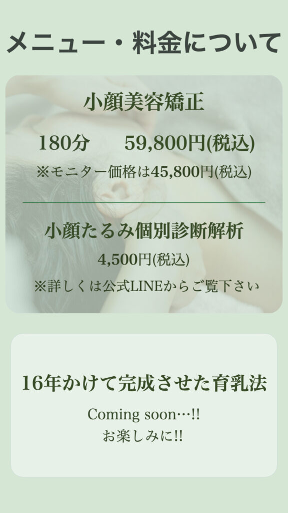 【メニュー・料金について】
・小顔美容矯正：180分59,800円
（モニター価格は45,800円）
・小顔たるみ個別診断解析：4,500円
詳しくは公式LINEからご覧下さい。
・16年かけて完成させた育乳法：Coming soon